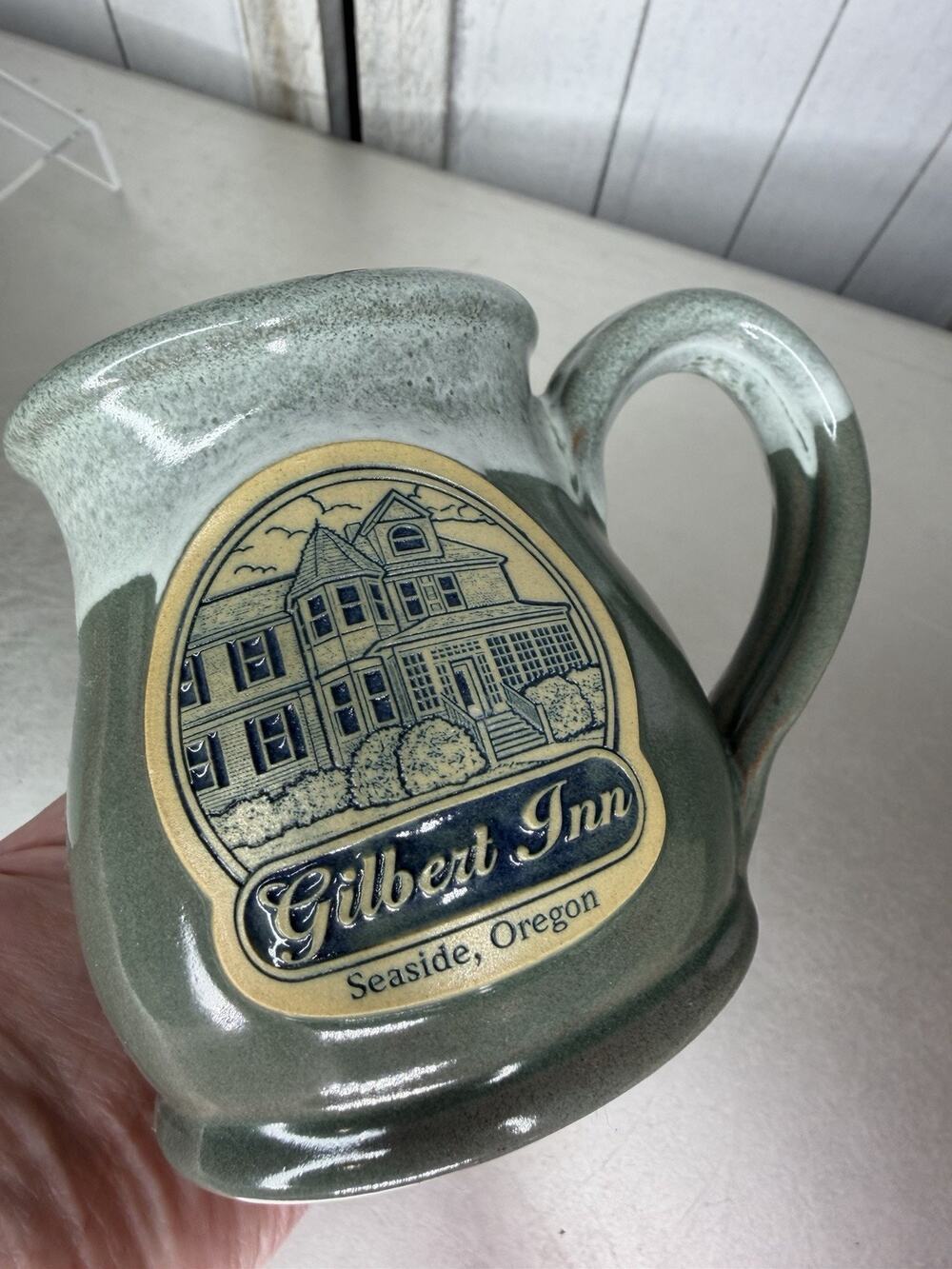 Deneen Pottery Mug Gilbert Inn Oregon Stoneware Hand Thrown Drip Glaze Green